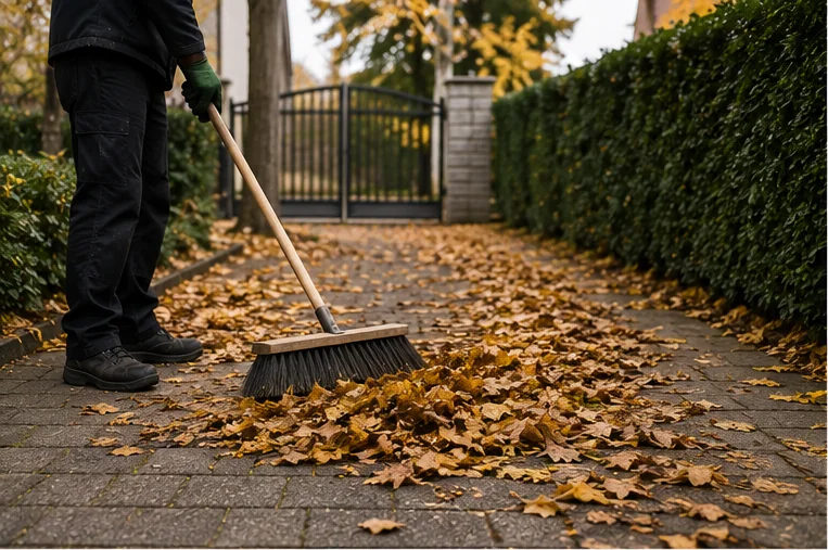 Herbstlaub wird vom gepflasterten Weg einer Wohnanlage gekehrt