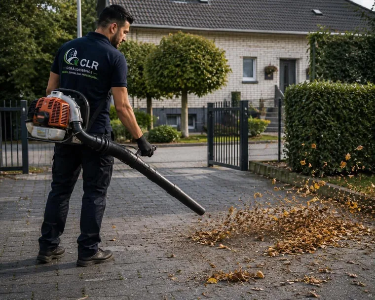 ClearWay-Mitarbeiter bläst Herbstlaub mit dem Laubbläser von der gepflasterten Einfahrt einer Wohnanlage