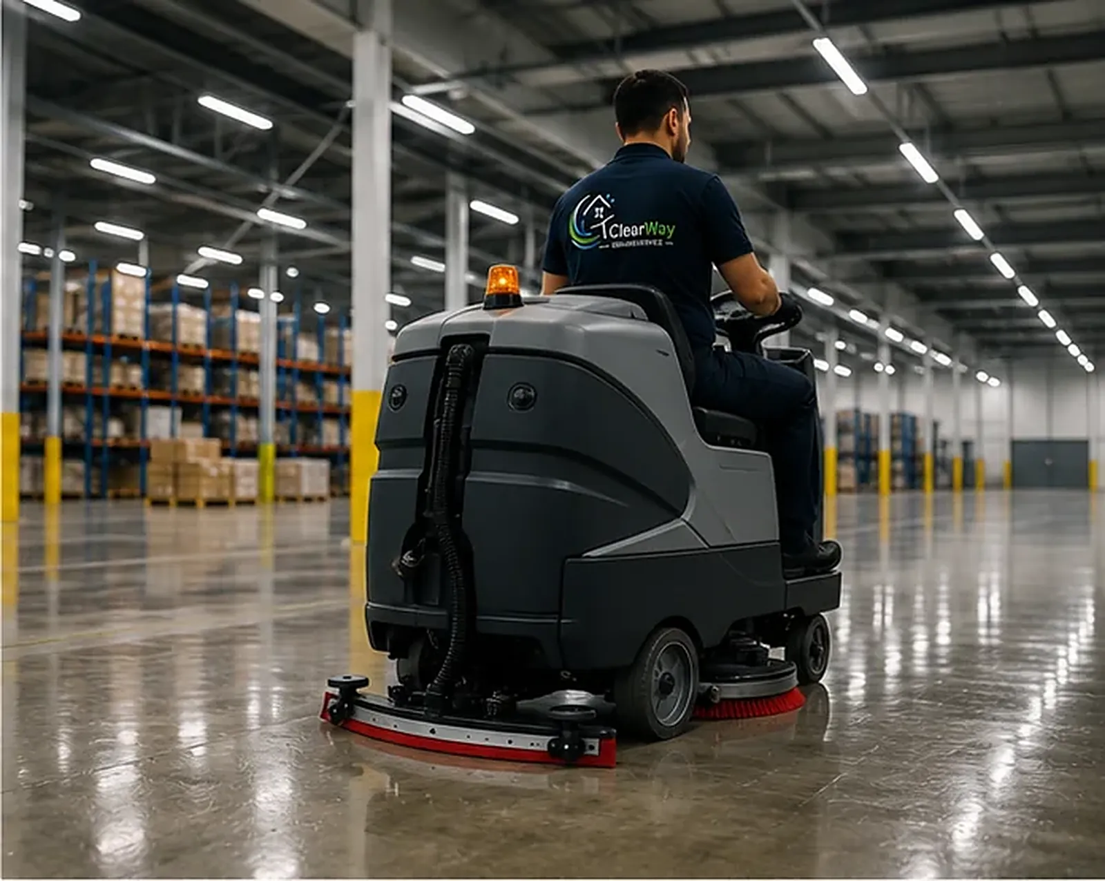 ClearWay-Mitarbeiter reinigt mit der Aufsitz-Scheuersaugmaschine den Boden einer Logistikhalle