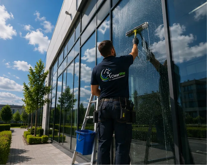 Mitarbeiter reinigt die Glas- und Fassadenfront eines Bürogebäudes von der Leiter