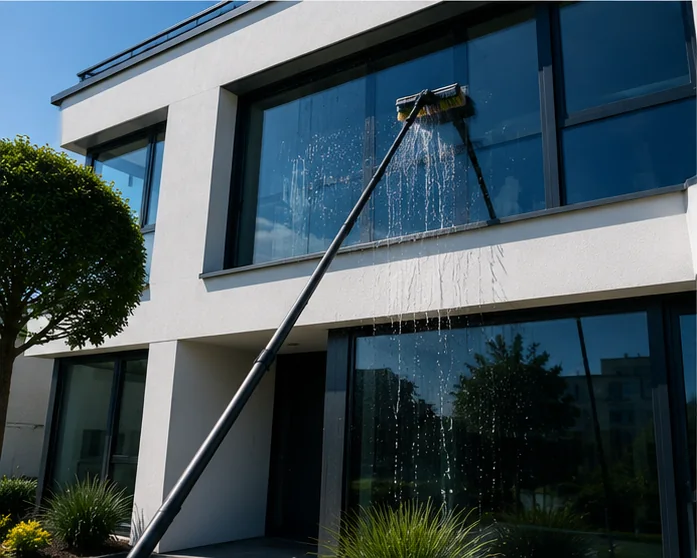 Fassaden- und Fensterreinigung an einem modernen Wohnhaus mit langer Teleskopstange