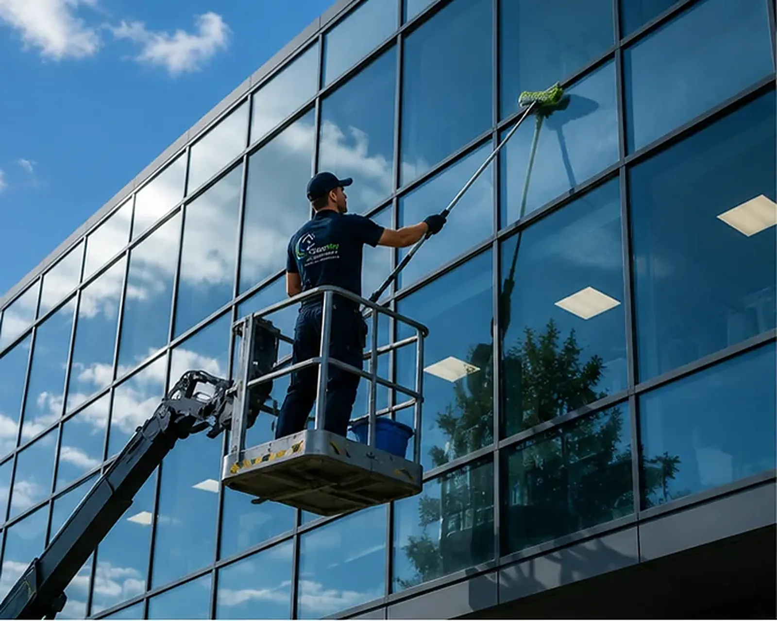Fensterreinigung an einer verglasten Bürofassade mit Hubarbeitsbühne