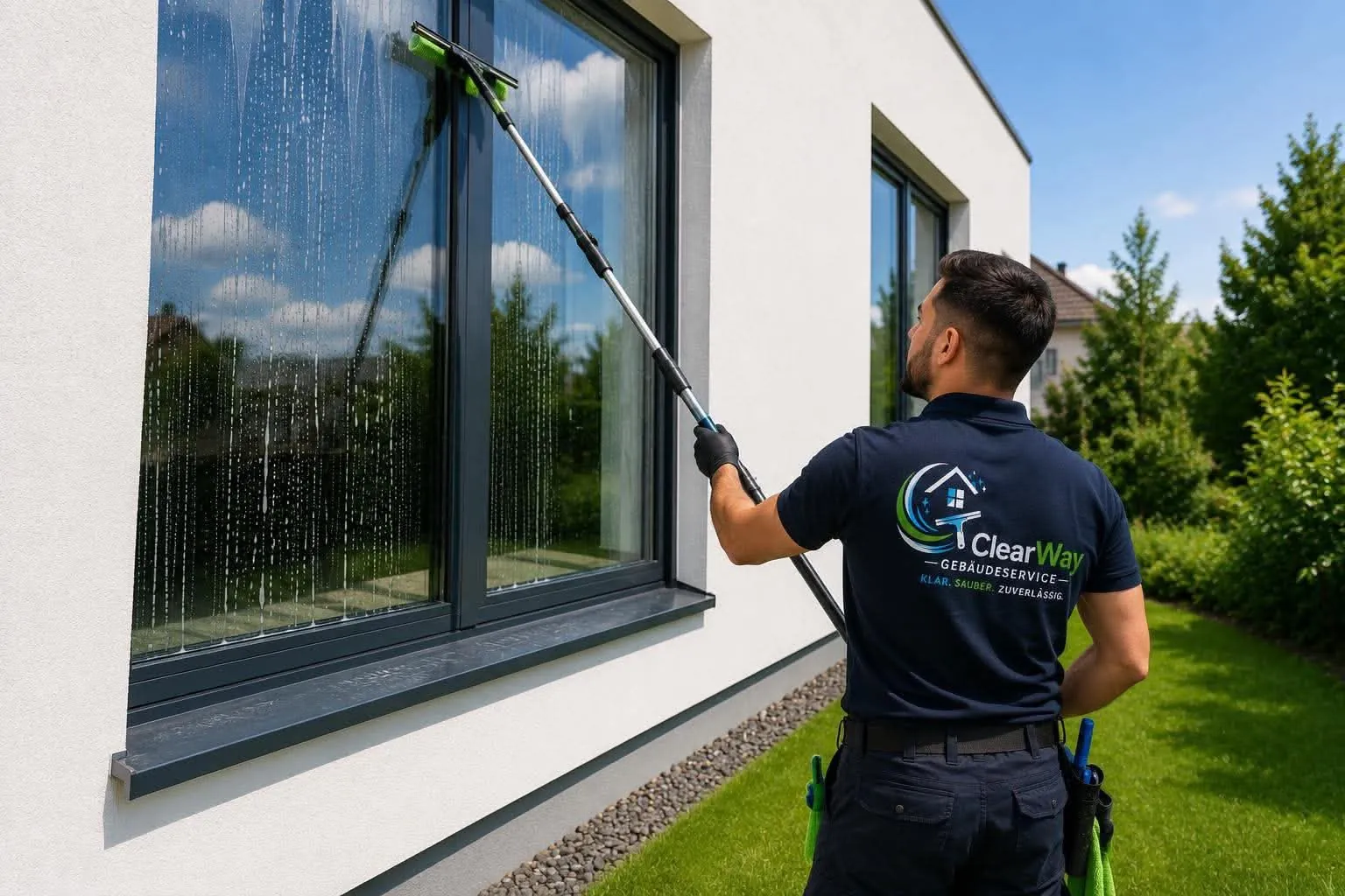 ClearWay-Mitarbeiter reinigt die Fenster eines modernen Wohnhauses mit Teleskopstange und Osmosewasser