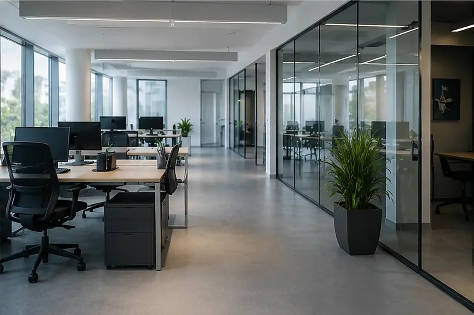 Modernes Großraumbüro mit Glastrennwänden und sauberen Arbeitsplätzen