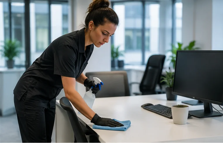 Unterhaltsreinigung im Büro: Schreibtisch wird mit Mikrofasertuch abgewischt