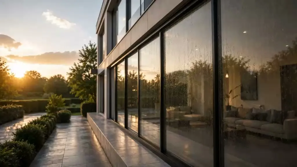 Fensterscheibe mit Regentropfen und Kalkschleier vor der Reinigung