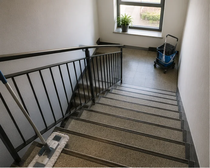 Feuchtes Wischen der Granitstufen in einem hellen Treppenhaus