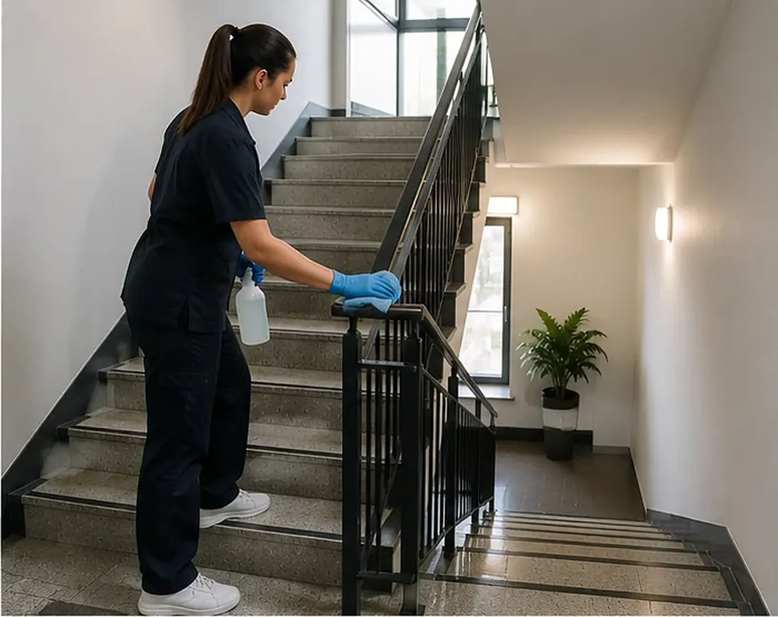 ClearWay-Mitarbeiterin reinigt den Handlauf im Treppenhaus eines Mehrfamilienhauses