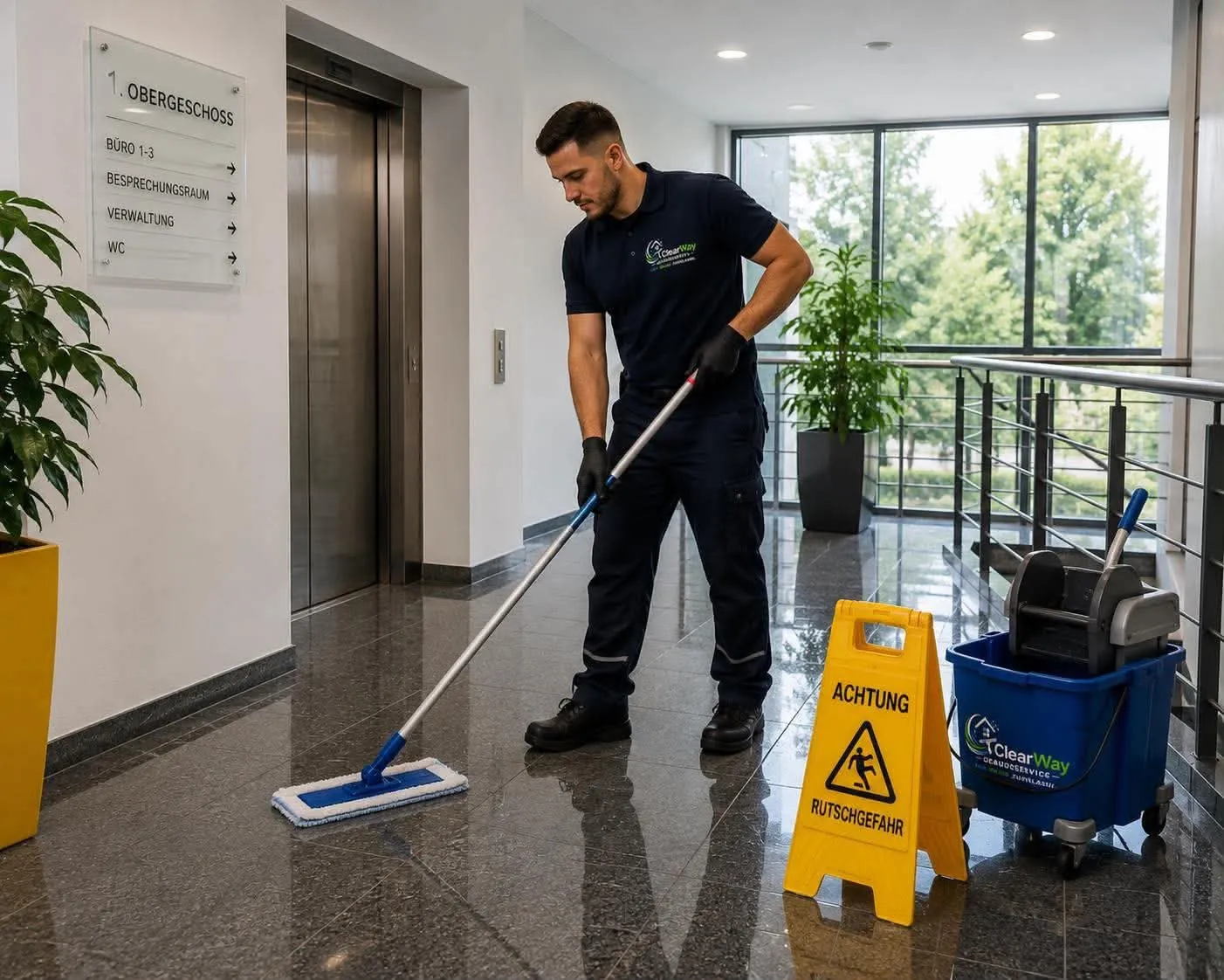 ClearWay-Mitarbeiter wischt den glänzenden Steinboden im Eingangsbereich eines Bürogebäudes