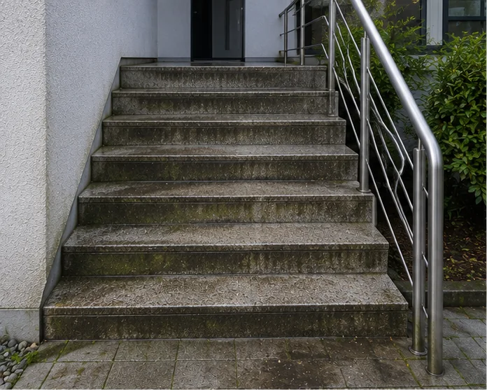Außentreppe eines Hauseingangs mit dunklem, vermoostem Belag vor der Reinigung