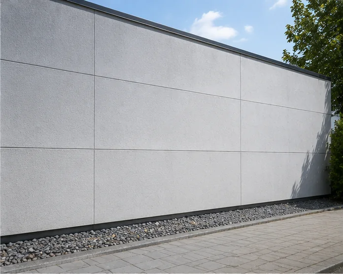 Dieselbe Betonfassade nach der Reinigung mit gleichmäßig hellem Grau
