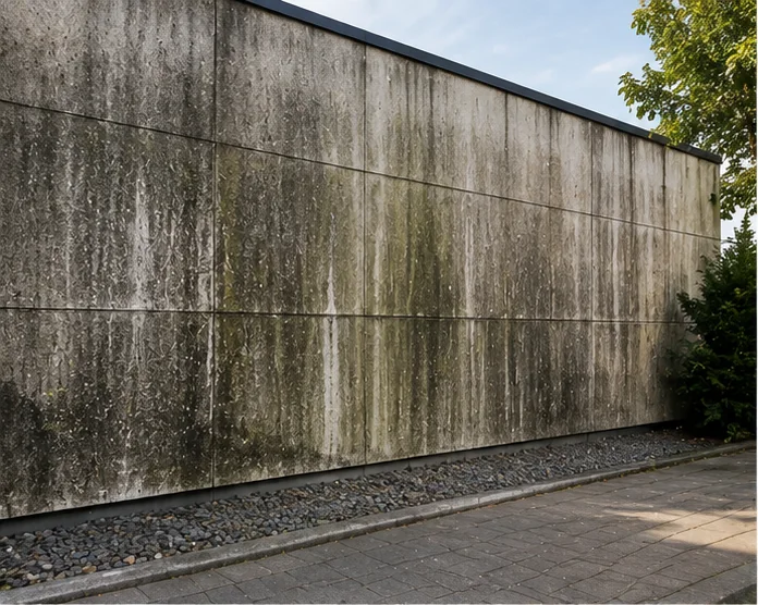 Betonfassade mit flächigem Grünbelag und Schmutzfahnen vor der Reinigung
