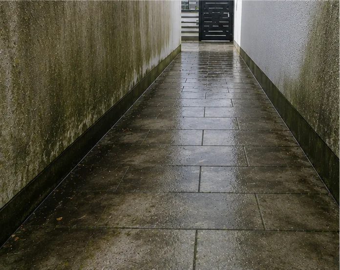 Durchgangsweg mit stark vermooster Wand und verschmutzten Platten vor der Reinigung