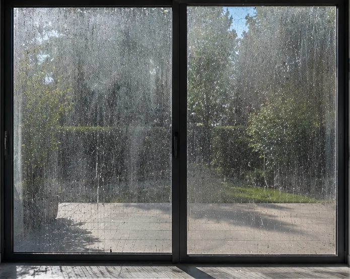 Glasschiebetür mit starken Wasserflecken und Schmutzfilm vor der Reinigung