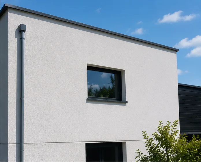 Frisch gereinigte weiße Hausfassade eines modernen Wohnhauses