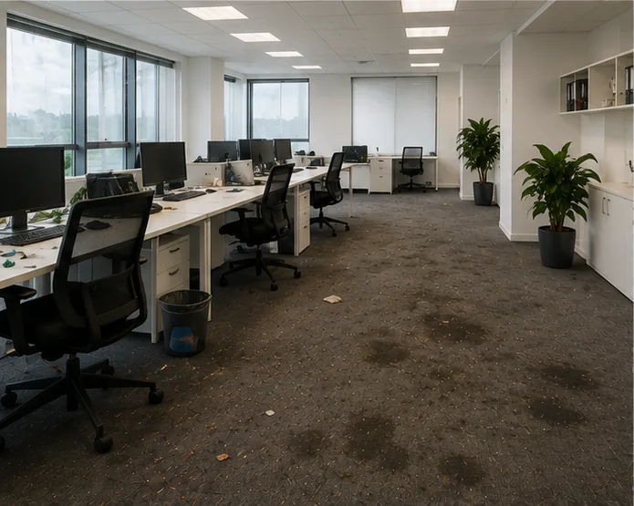 Stark verschmutzter Teppichboden mit Flecken in einem Büro vor der Reinigung